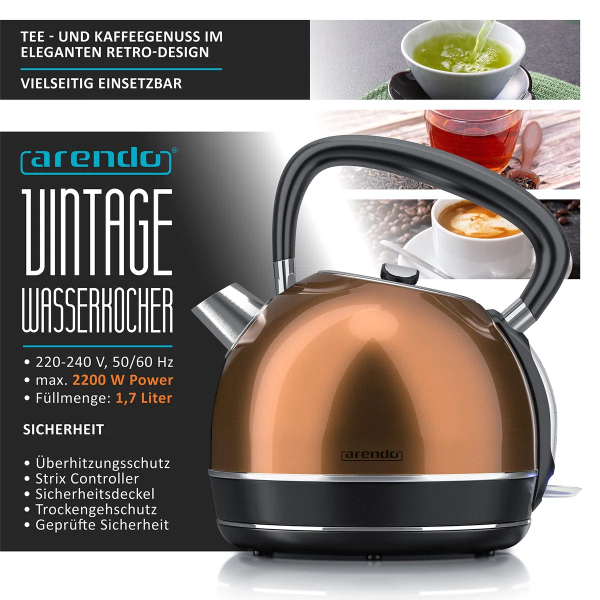 Arendo Wasserkocher Toaster SET Kupferoptik 2200W 1,7L 2 Scheiben Langschlitztoaster