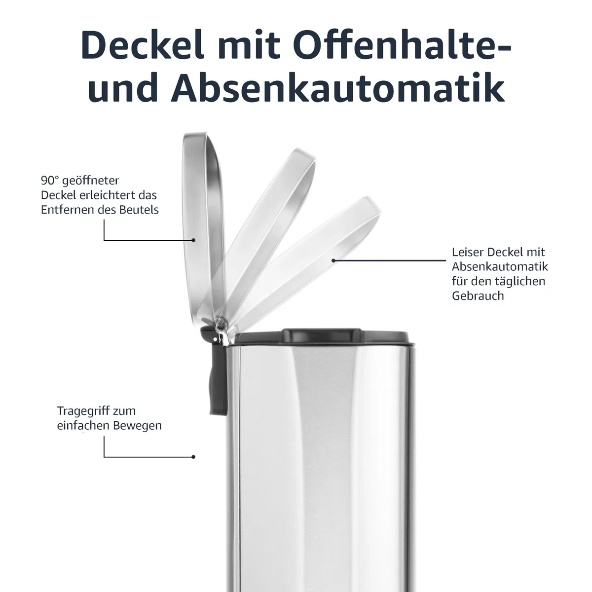 Amazon Basics 30 l Rechteckig Mülleimer für die Küche mit Stahlrohrpedal - 7.9 gallons Sanft Schließend mit Deckel, für Küche, Bad oder Büro, Satiniertes Nickel