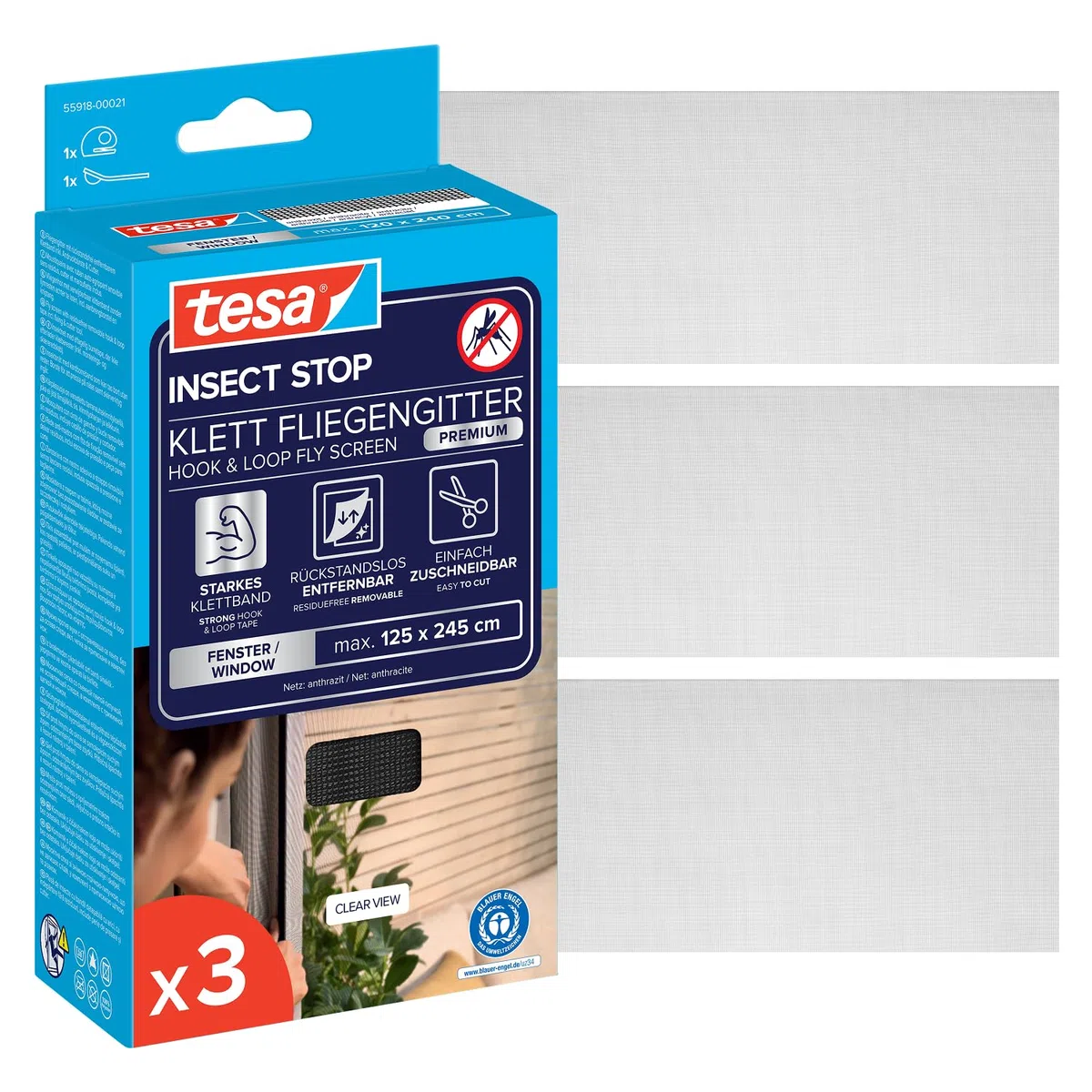 tesa Insect Stop Klett Fliegengitter Premium für Fenster, Insektenschutz mit starkem Klettband, rückstandsfrei entfernbar, zuschneidbar, ohne Bohren - 3X 125 cm x 245 cm - Anthrazit (Durchsichtig)