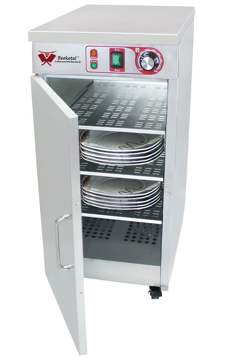 Beeketal 'BTW-60' Profi Gastro Edelstahl Tellerwärmer elektrisch mit 3 Einlegeböden, Temperatur stufenlos ca. 30-85 °C einstellbar, mobiler Wärmeschrank 1-türig auf Rollen mit Feststellbremse