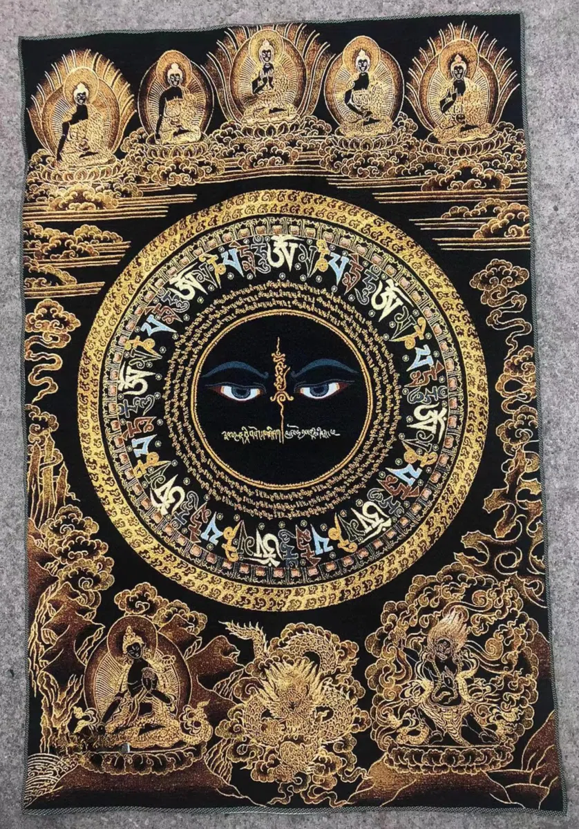 FENNYYAR Tibetische Wandmalerei mit sechs Charakteren, Mantra, Thangka-Stickerei, Brokat, Tibet, 90 cm, Eingangshalle, tibetische Wandmalerei