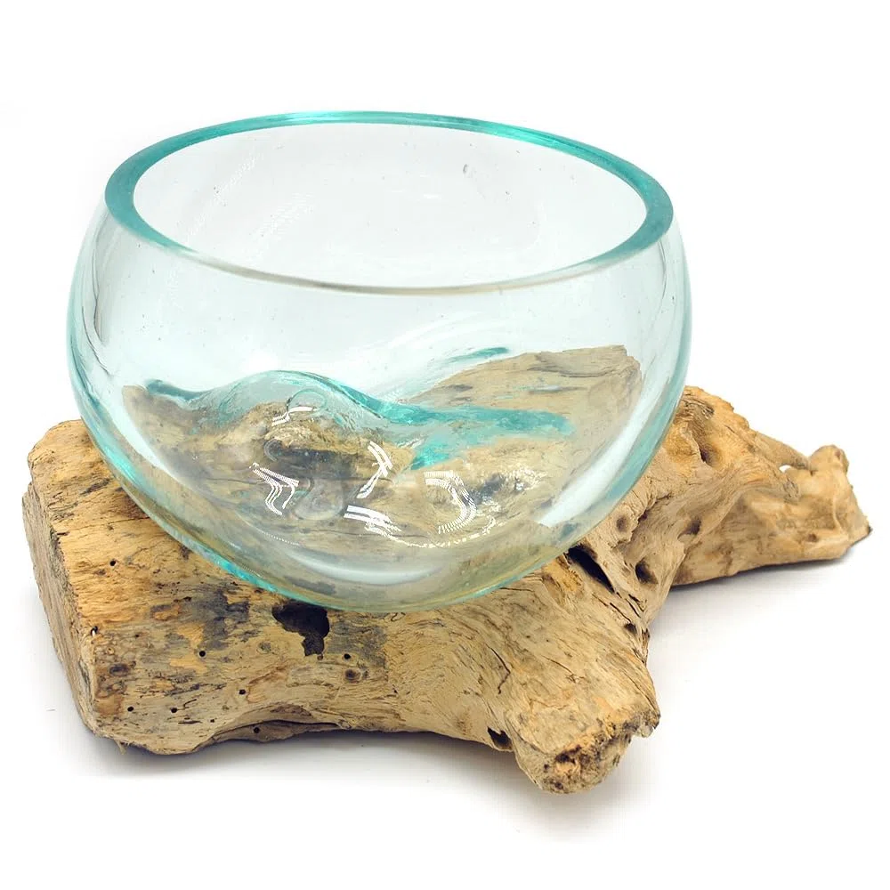 Wurzel mit Glasschale klein Schale Dekoschale Glas auf Holz Durchmesser 12-13 cm Holzdeko Teakholz Deko