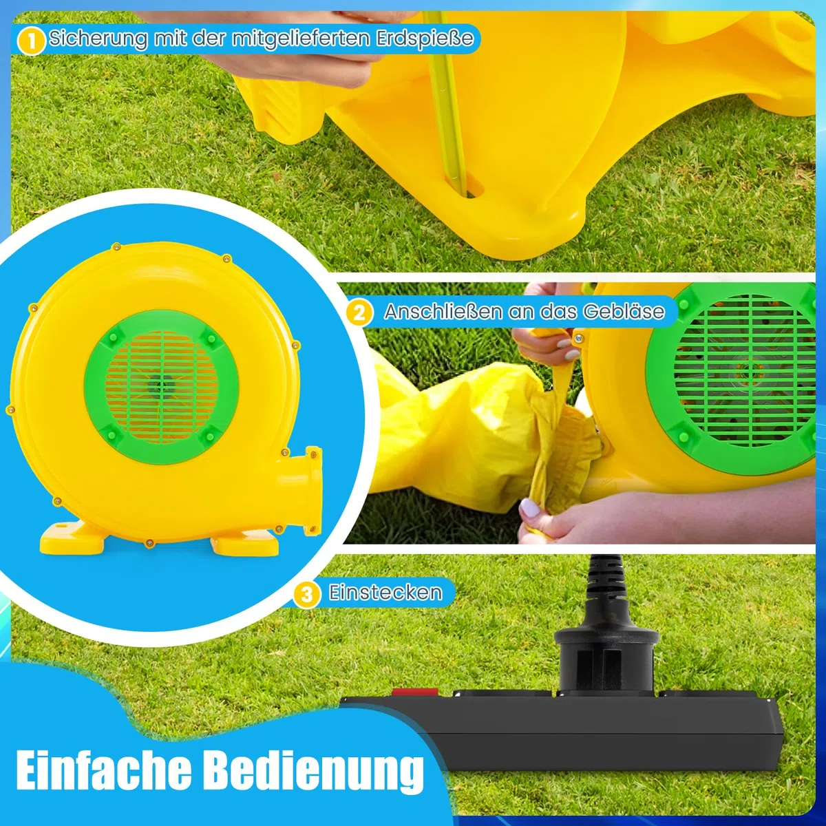 RELAX4LIFE 450W Gebläse Hüpfburg, Luftgebläse mit Praktischem Griff und 2 Erdspießen, Leistung 1650 Pa, Kapazität 850 m³/h, Elektrische Gebläse für Hüpfburgen, Wasserrutschen, Gelb
