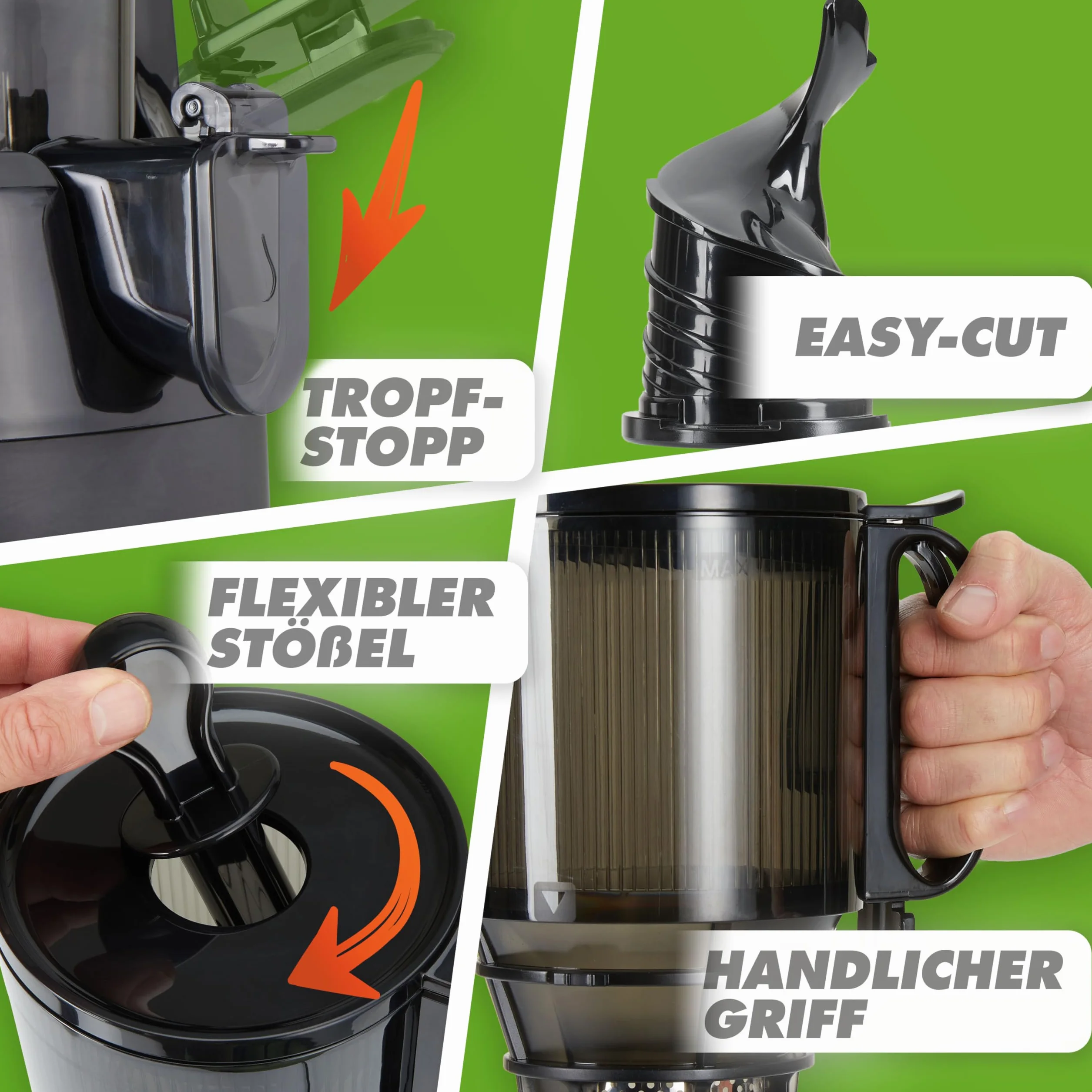 Nutrilovers Slow Juicer NUTRI-PRESS MAX Ganze Früchte entsaften Entsafter mit XXL 135 mm Öffnung, BPA-frei inkl. Saft-Flasche, Slow Juice Rezeptbuch