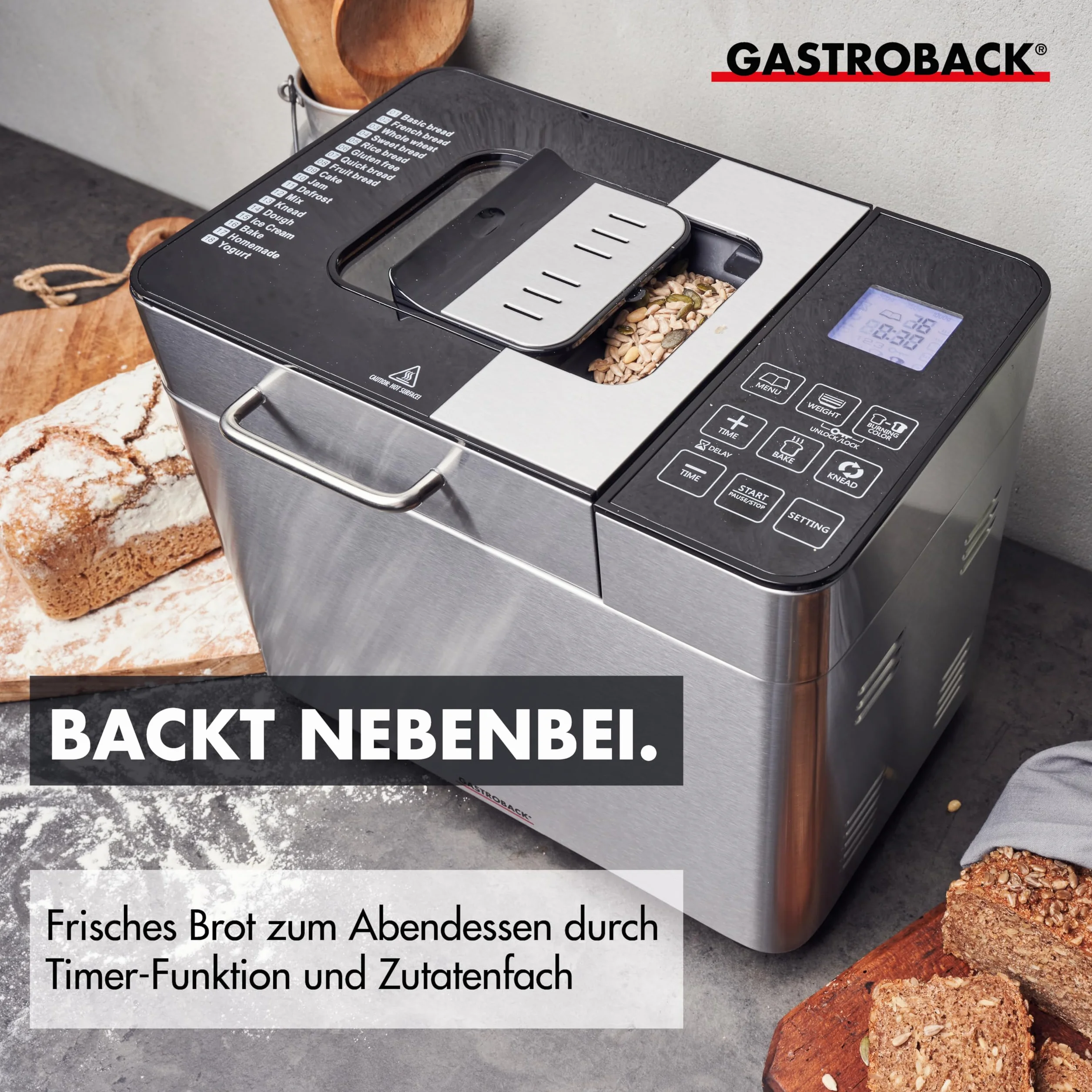 GASTROBACK Brotbackautomat Advance - Vollautomatische Brotbackmaschine + 18 Programmen inkl. Joghurtmaschine, Timer-Funktion, Zutatenfach, Sichtfenster, Brotautomat / Backmaschine in Edelstahl Optik