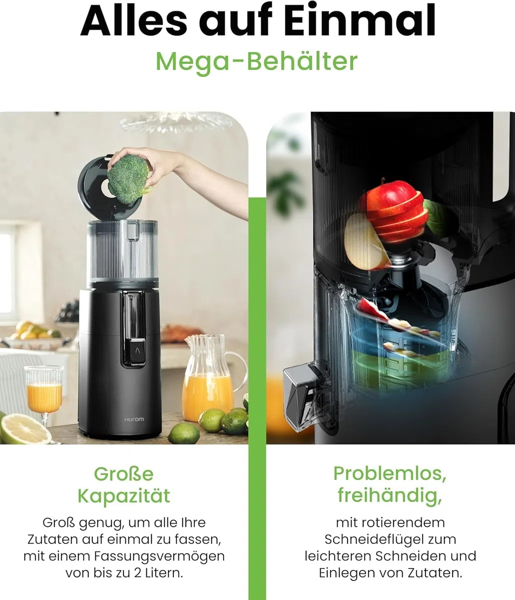 Hurom Slow Juicer | Entsafter Gemüse und Obst | H400 | Leicht zu Reinigen & Leiser Motor Elektrischer Entsafter mit großem Behälter und Siebfilter 2L | 150 Watt | BPA Frei | Schwarz
