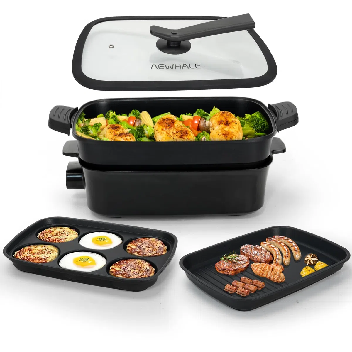 AEWHALE 3-in-1 Multifunktionspfanne Elektrischer Grill,Elektropfanne mit Deckel 1500W Antihaftbeschichtung, Abnehmbare Oberfläche&Cool-Touch-Griffe Pancake Elektrisch Partypfanne