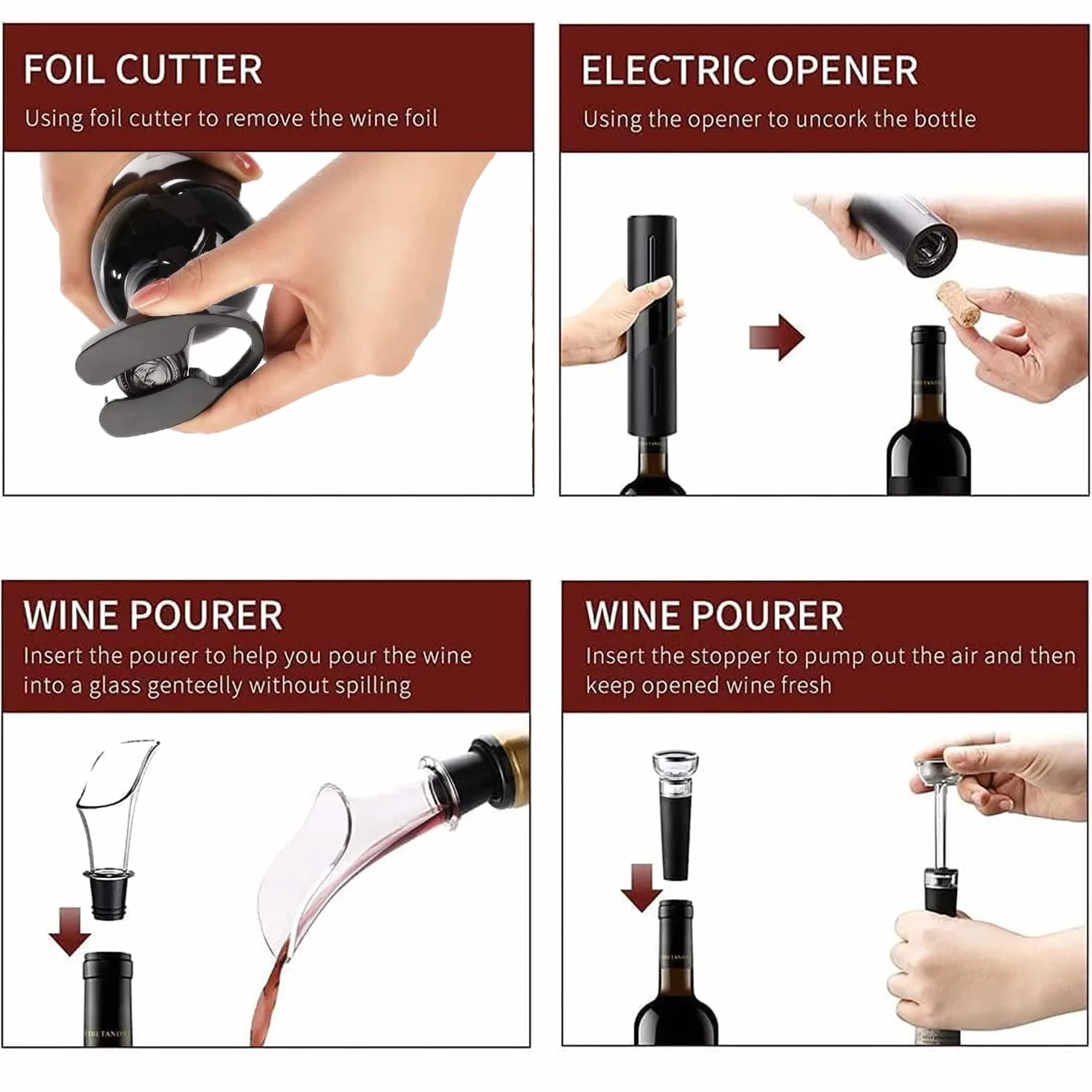 Elektrischer Korkenzieher Wein, Geschenkbox 6-in-1 Elektrischer Weinflaschenöffner mit Folienschneider, Vakuumstopfen und Weinausgieer, USB Wiederaufladbare Batterie