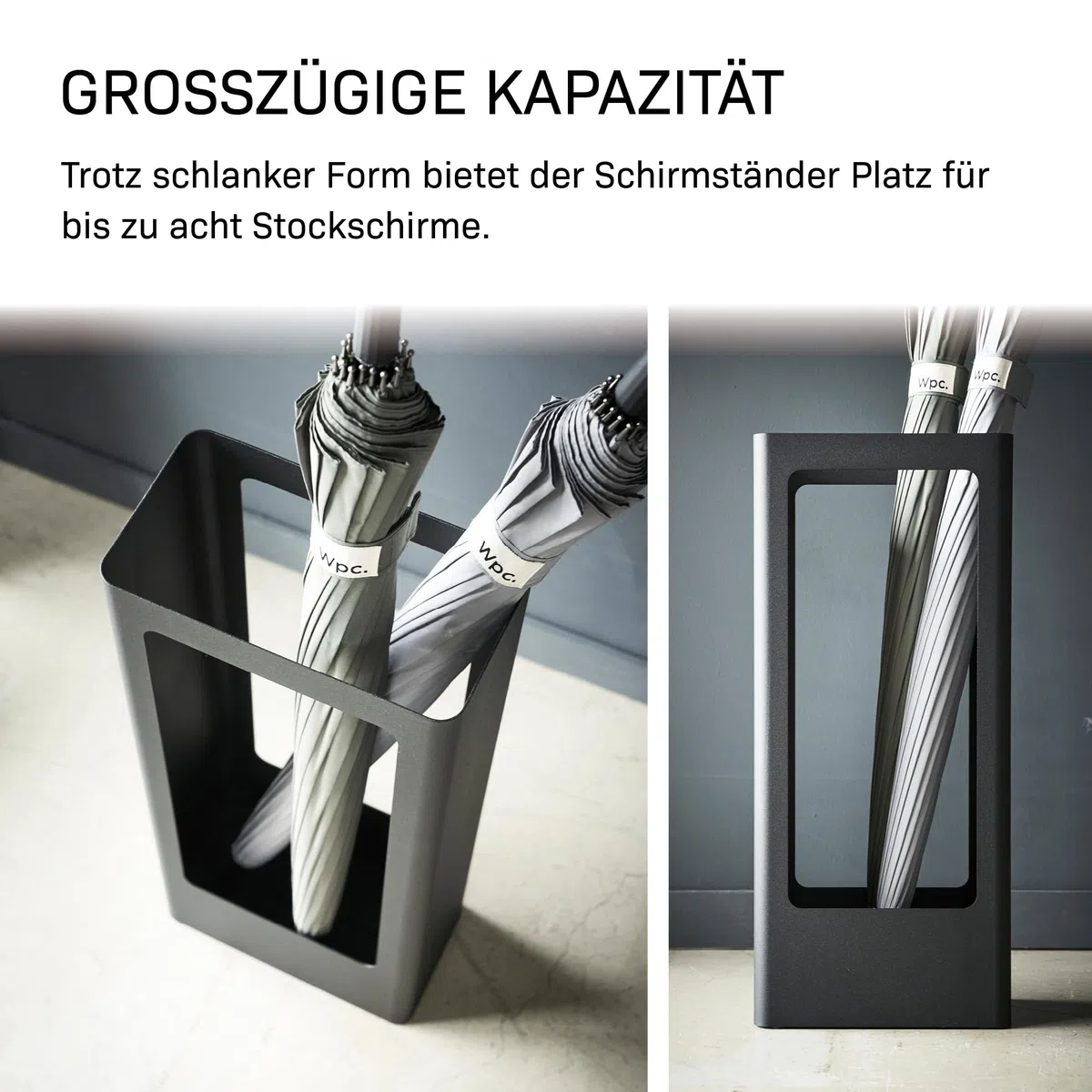 YAMAZAKI Tower Schmaler Schirmständer aus Stahl - bis zu 8 Schirme, mit Abtropfschale/Silikonmatte - 12 x 22 x 50 cm, Japanisches Design, schwarz