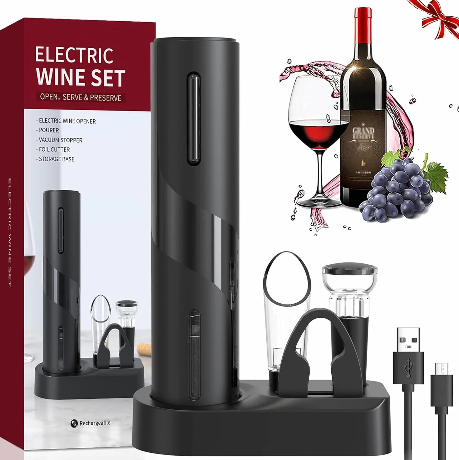 Elektrischer Korkenzieher Wein, Geschenkbox 6-in-1 Elektrischer Weinflaschenöffner mit Folienschneider, Vakuumstopfen und Weinausgieer, USB Wiederaufladbare Batterie