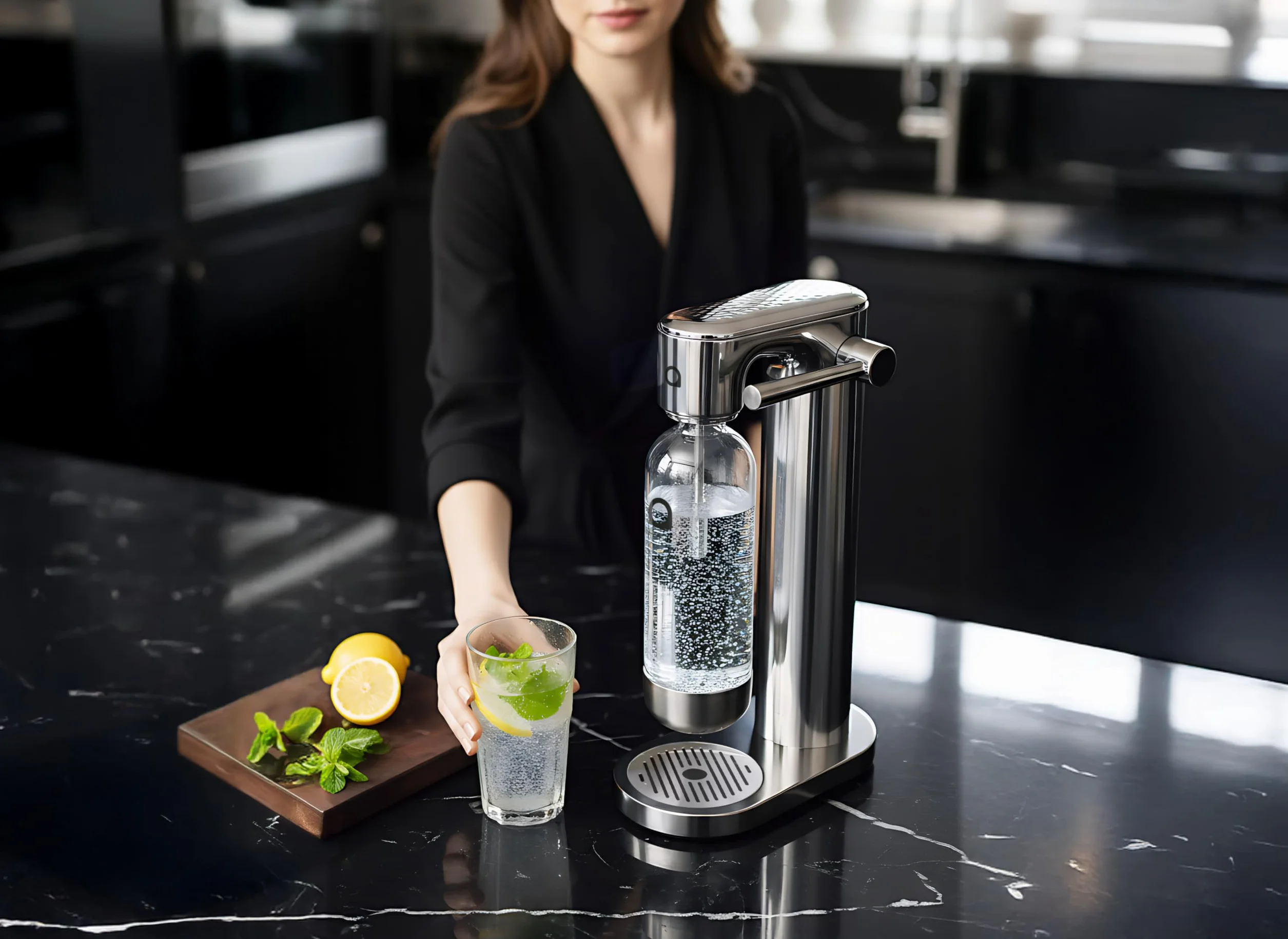 Aquafloow Wassersprudler aus Edelstahl – Manuelle Sprudelwasserbereitung mit CO₂-Zylinder bis zu 60 L, BPA-freie 0,8 L Kunststoffflasche mit Edelstahlboden für Zuhause, Soda Maker