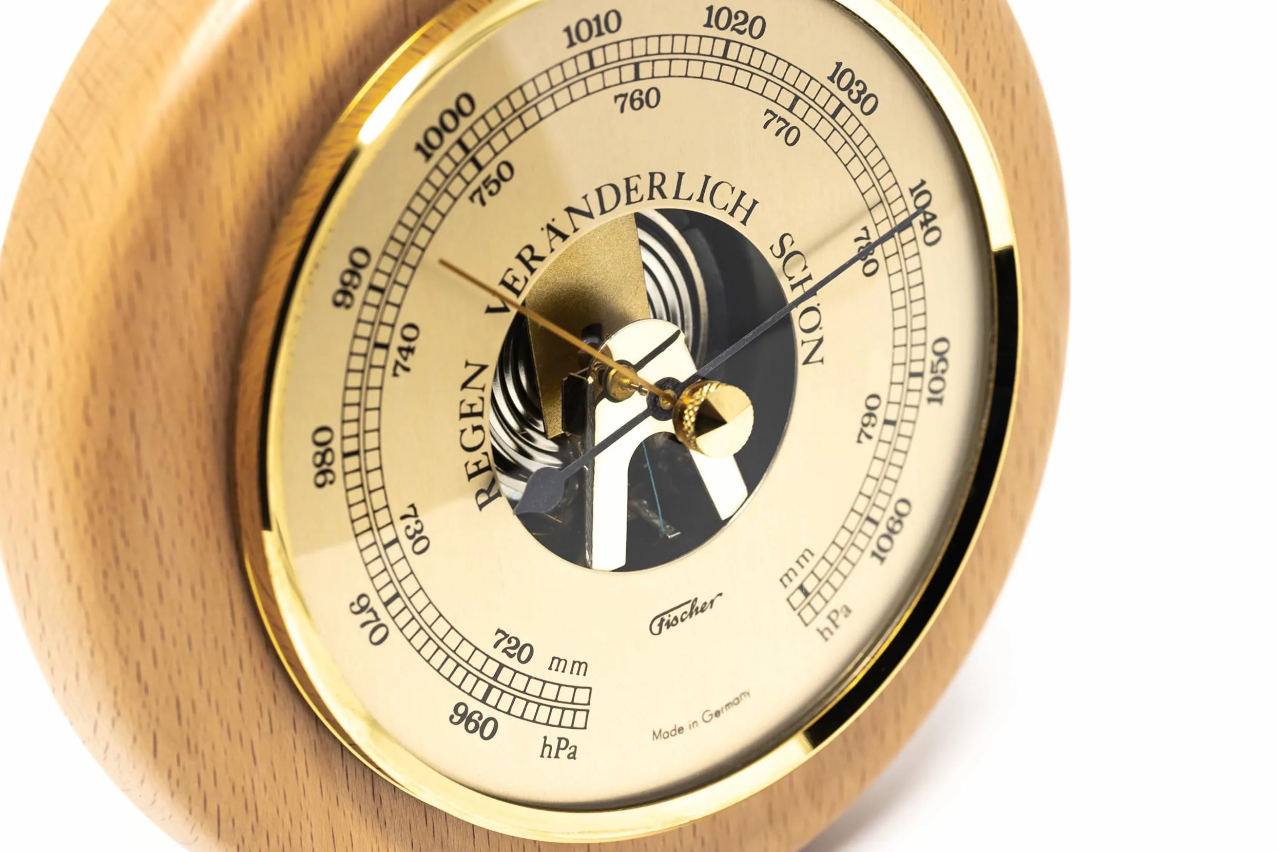 Fischer 1366R-02 Barometer - 140 mm Druckmessgerät mit Buche-Echtholz-Gehäuse gebeizt - Made in Germany