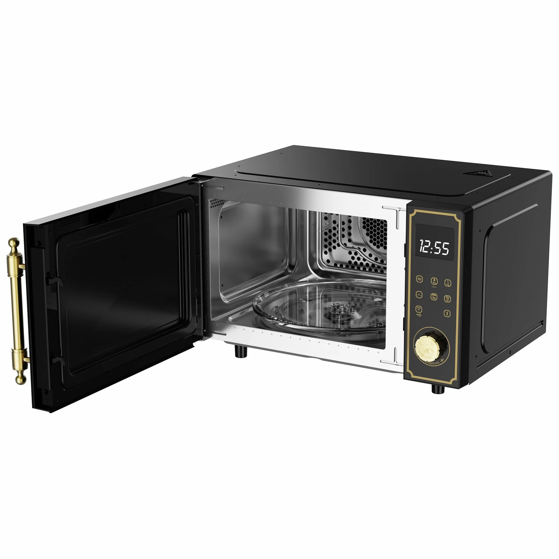 Kaiser Empire M 2530 Em Retro Mikrowelle in Schwarz | 25L | 1200W Grill | 2200W Heißluft | FullTouch-Bedienung mit Drehknebel | Glasfront | Türgriff aus echtem Metall Bronze | 25 Funktionen