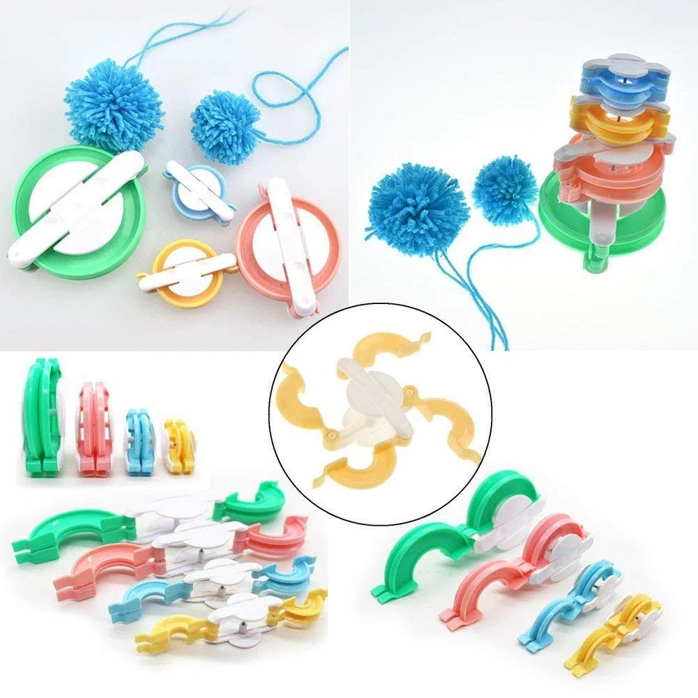 Pompom Maker, 4 Größen Pom Pom Maker für Fluff Ball Weaver Needle Craft DIY Wollstrickwerkzeug Set Dekoration + 12PS Acrylgarn + 10PS Strickstichmarker + 10PS Plastiknadeln + 1PS Schere (37a)
