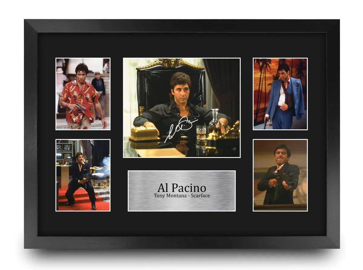HWC Trading FR A3 Al Pacino Scarface Tony Montana Geschenke Geducktes Signiertes Autogramm Foto für Fans von Film Memorabilien - A3 Gerahmt