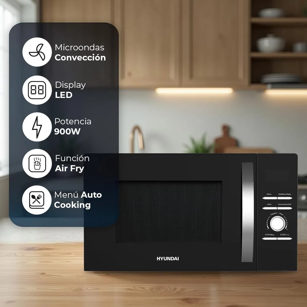 Hyundai Mikrowelle, 28 Liter, Konvektion, Schwarz, HMWAF28900GN, 900 W, 8 Programme, Auftaufunktion, Innenbeschichtung, einfache Reinigung, Timer 60 Minuten.