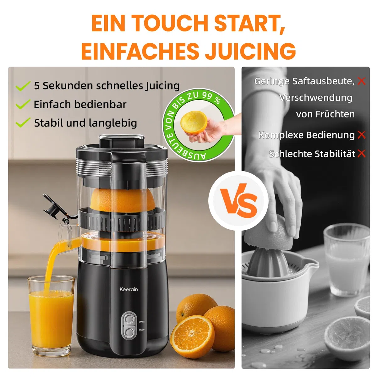Keerain Elektrische Zitruspresse, Automatische Orangenpresse Mit Reinigungsbürste, Kompakte Zitronenpresse Für Lemon & Lime