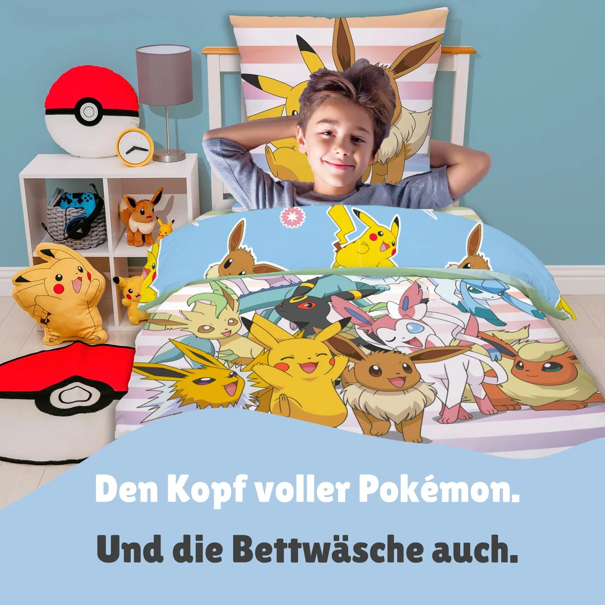 Familando – Pokémon Bettwäsche Set (2-teilig) – Decken- & Kissenbezug 135x200 cm & 80x80 cm mit Reißverschluss – Wendemotiv mit Pikachu & Evoli – 100% Baumwolle – Farbecht & pflegeleicht - Öko-Tex