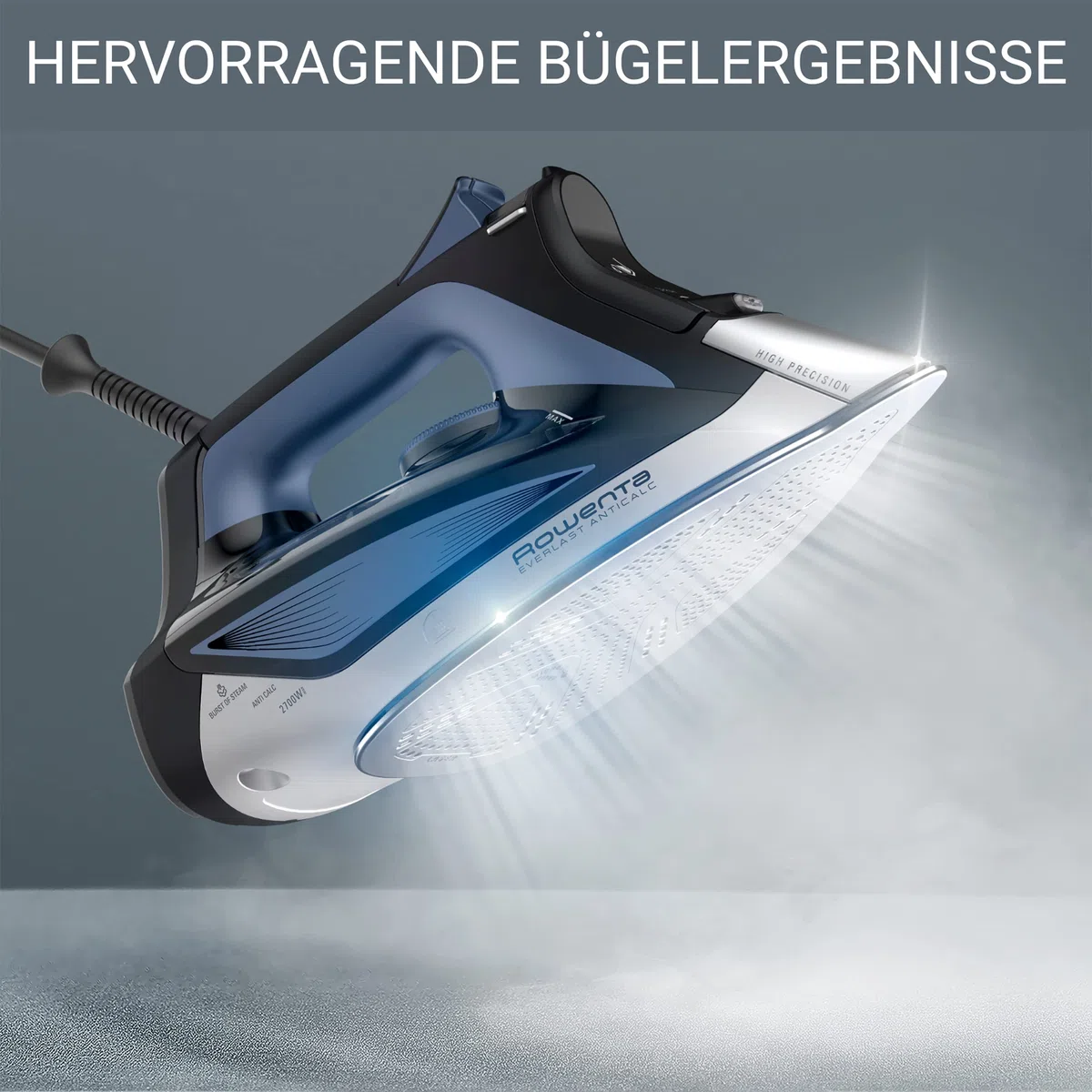 Rowenta Everlast Anticalc Dampfbügeleisen, 2700 W, 45 g/Min. kontinuierliche Dampfabgabe, 220 g/Min. Dampfstoß, Tropfstopp, Antikalk-System, 300 ml Wassertank, schwarz/blau, DW7320