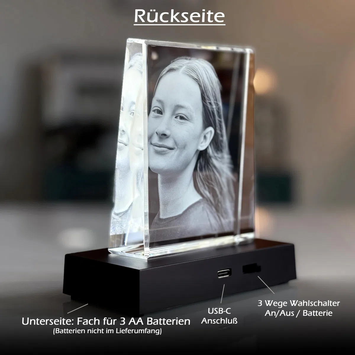 contento - 2D Glasfoto personalisiert - Foto in Glas gelasert, Kristallfoto mit LED Leuchtsockel, Geschenk für Familie, Geburtstag, Hochzeit (Kristall + Leuchtsockel, M Hochformat (10,5x8x3cm))