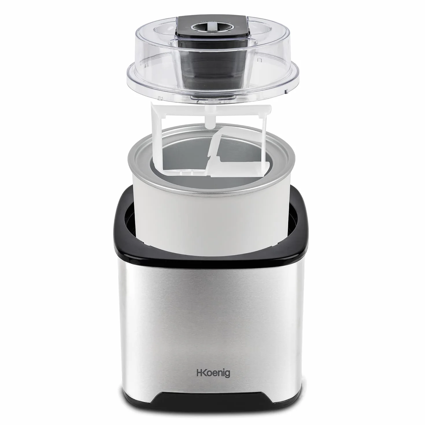 H.Koenig SRB80 Eismaschine, Kapazität 2 l, 12 W, Edelstahl, 30 bis 40 min Zubereitung, 30 U/min, automatische Abschaltung, transparenter Deckel, abnehmbarer Behälter