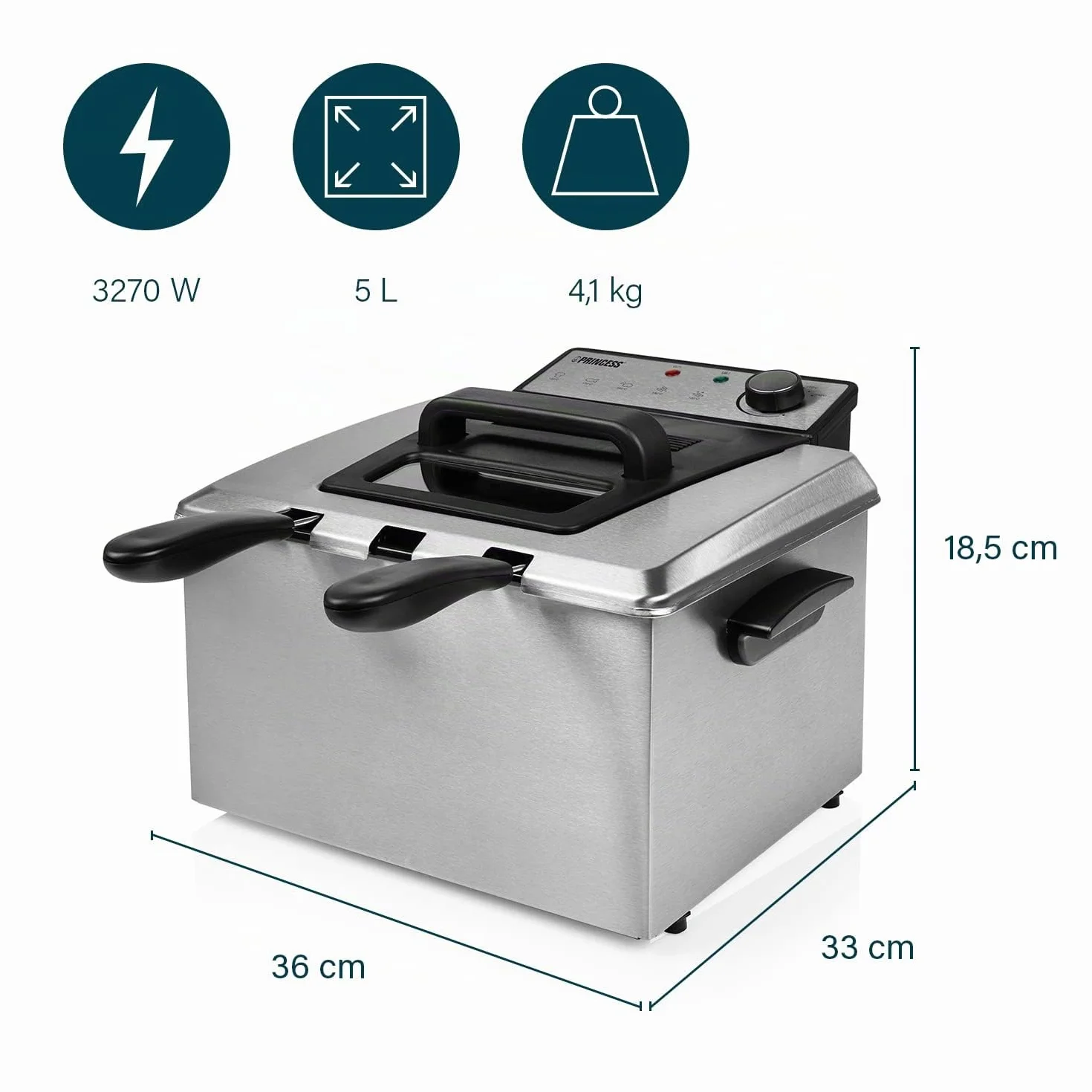 Princess Fritteuse – 3270 Watt, 5 Liter, Thermostat, 3 Frittierkörbe, Kaltzone, 6-7 Personen, 185000, Grau, Metall