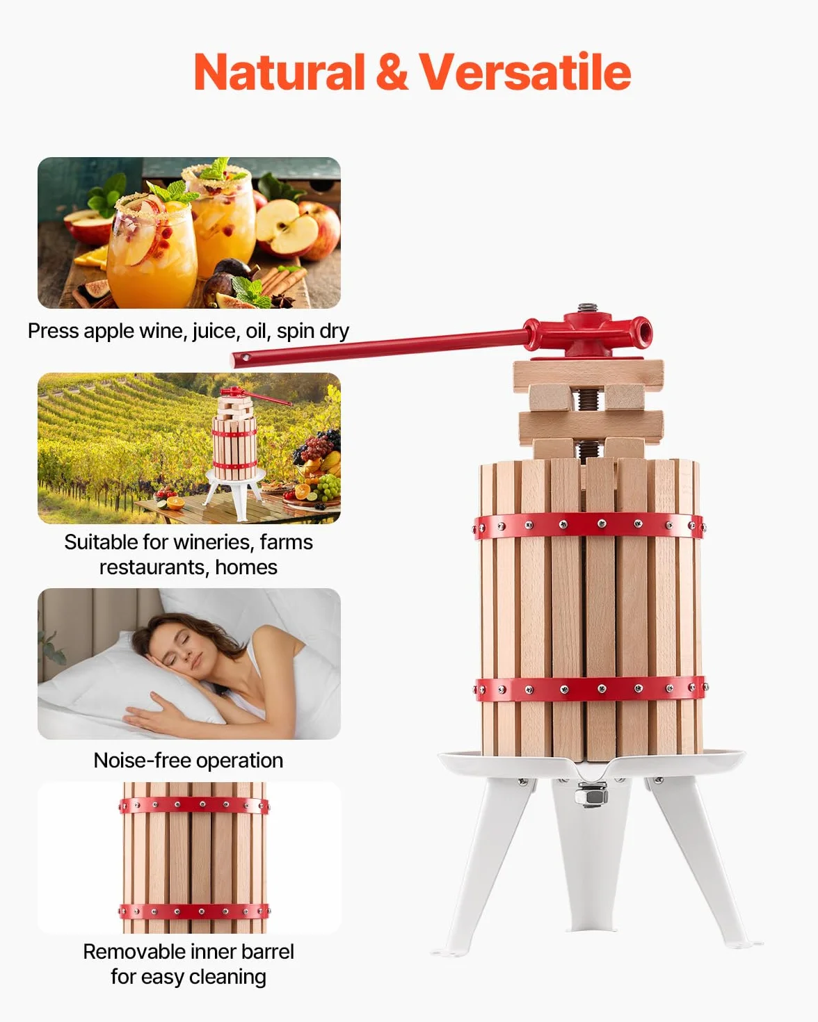 VEVOR Obstweinpresse Obstmühle (6 L) mit Massivholzkorb mit 8 Blöcken, robuster manueller Entsafter, Apfelweinpresse Apfelpresse Traubenpresse Olivenölpresse mit Griff, Saftpresse für Küche