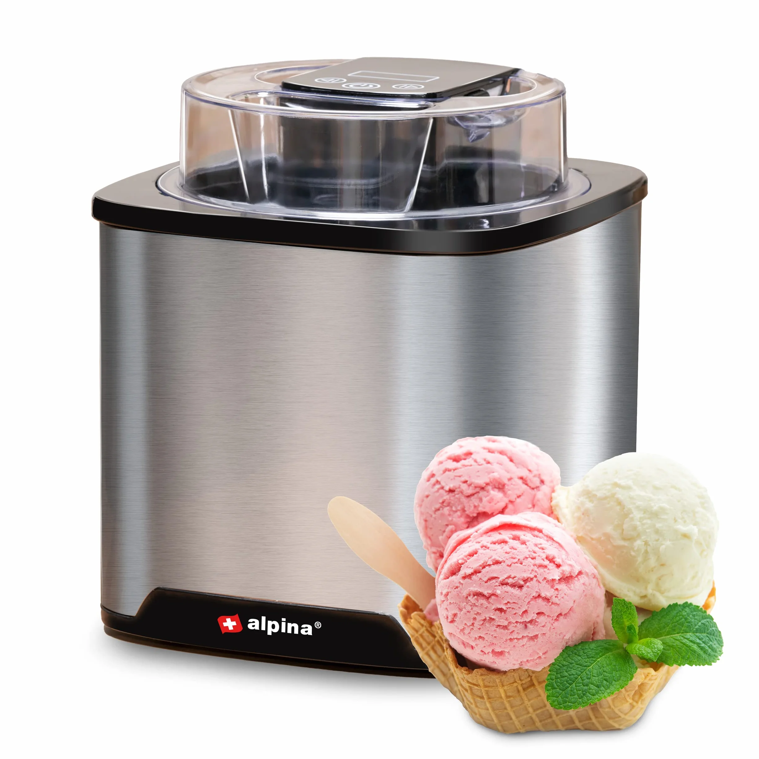 alpina Eismaschine - Softeismaschine für Zuhause - Eiscreme Maschine Geeignet für Eiscreme, Gelato, Gefrorener Joghurt und Sorbet - Inhalt 2L - Automatische Selbstabschaltung - Edelstahl - Silber