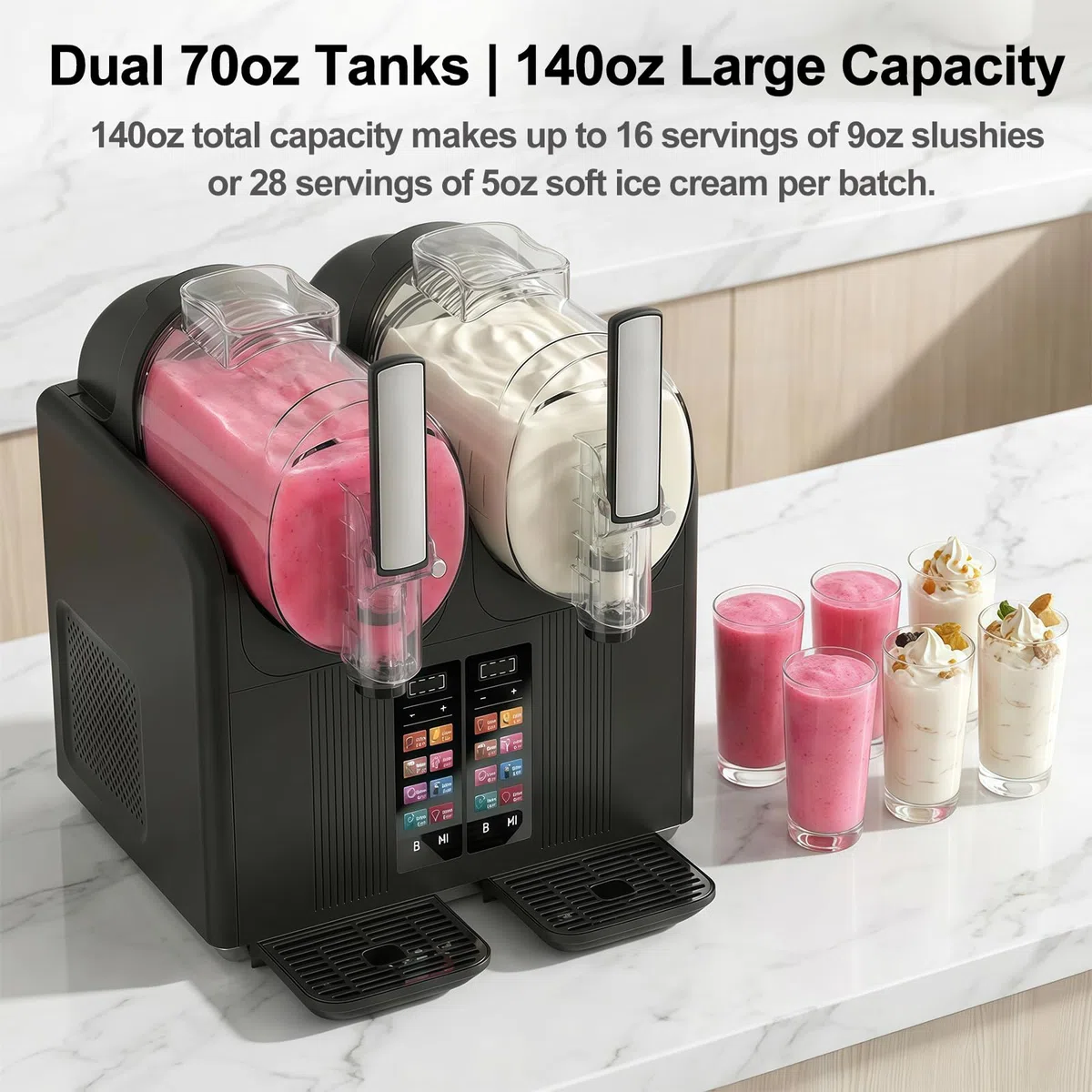 Slush Eis Maschine & Eismaschine 2-in-1, Zwei Tanks, Schwarz | 7 Voreingestellte Programme, Für Margaritas, Frappés, Milchshakes, Selbstreinigung, Privater und Gewerblicher Gebrauch