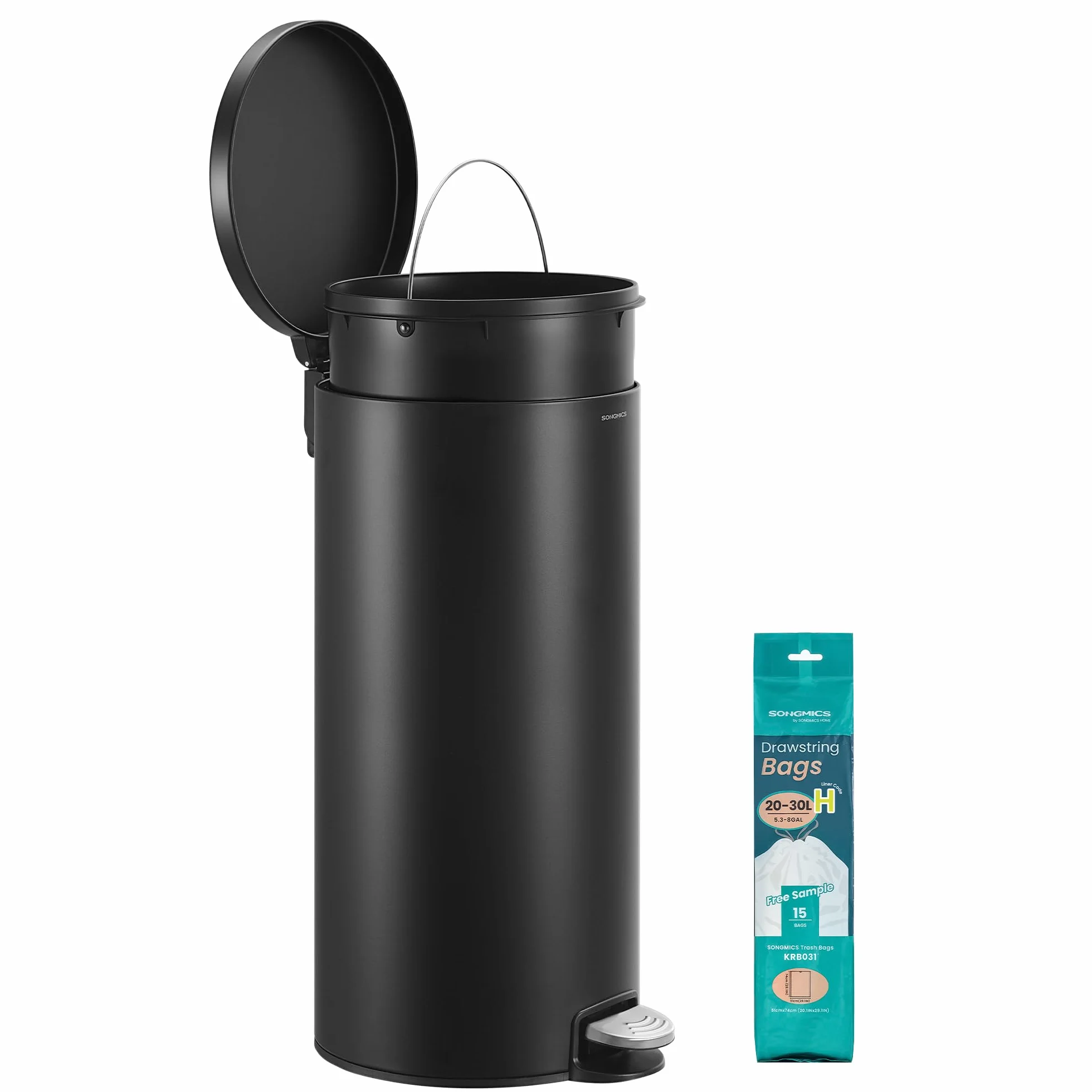 SONGMICS Mülleimer Küche, rund, Abfalleimer, 15 Müllbeutel, Tretmülleimer mit Metall-Pedal, herausnehmbarer Inneneimer aus Kunststoff, Griff, Softclose-Deckel, Stahl, 30 L, tintenschwarz LTB031BZ02