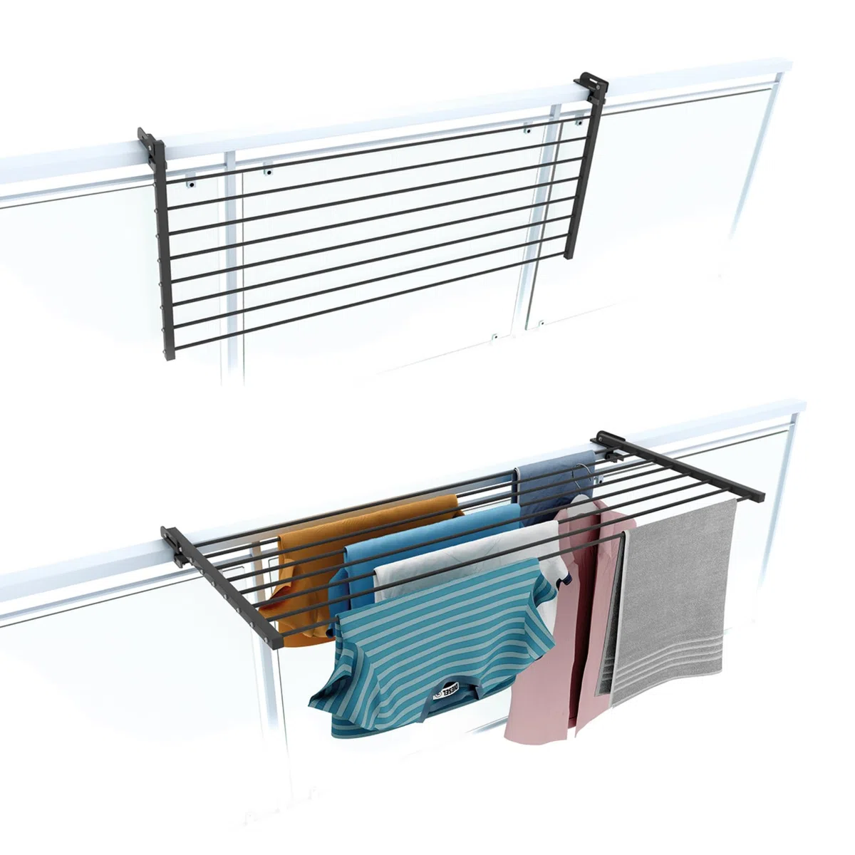 Foxydry, klappbarer Wäscheständer Duo für Außengeländer, strapazierfähig, aus Edelstahl und Aluminium, für Terrassen, Balkone und Geländer, Länge 118 cm (Anthrazit, 118 cm)