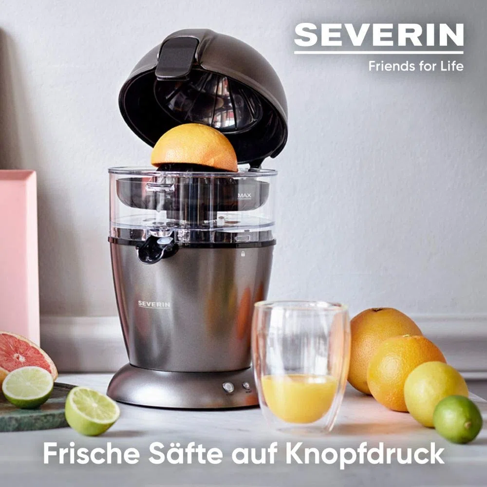 SEVERIN Vollautomatische Zitruspresse, elektrische Saftpresse für hohe Saftausbeute direkt ins Glas, Orangenpresse mit Easy-Clean Konzept, grau-metallic/schwarz, CP 3537