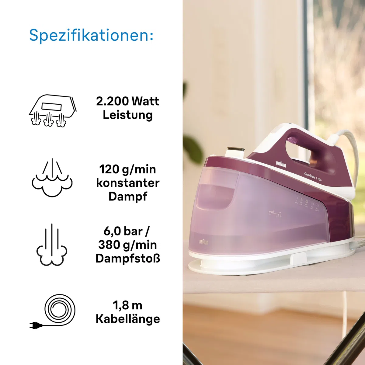 Braun CareStyle 1 Pro IS1514 VI Dampfbügelstation - Dampfbügeleisen mit FreeGlide 3D Technologie, Vertikaldampf, Anti-Tropf-Funktion, 1,7L Wassertank, 6 bar, 120 g/min, 2200W, Violett