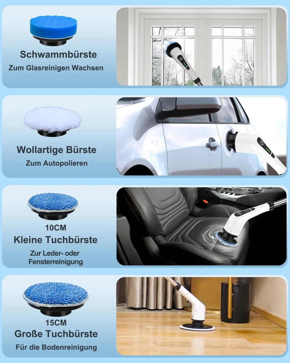 Leebein Elektrische Reinigungsbürste,Electric Spin Scrubber schnurlos mit 8 austauschbaren Bohrbürstenköpfen, Wanne und Bodenfliese mopSet mit 137cm verstellbarem Griff für Bad Küche Auto Fußboden