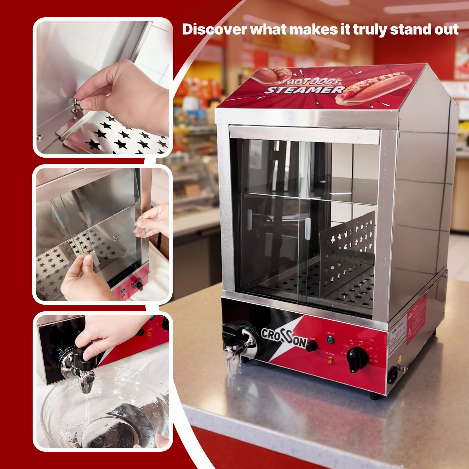 CROSSON Hot Dog Dampfgarer, 42L, 2-stöckiger Hot Dog Hut Dampfgarer, 175 Hot Dogs und 50 Brötchen Brötchen Fassungsvermögen Brötchenwärmer mit sichtbaren Schiebetüren aus gehärtetem Glas