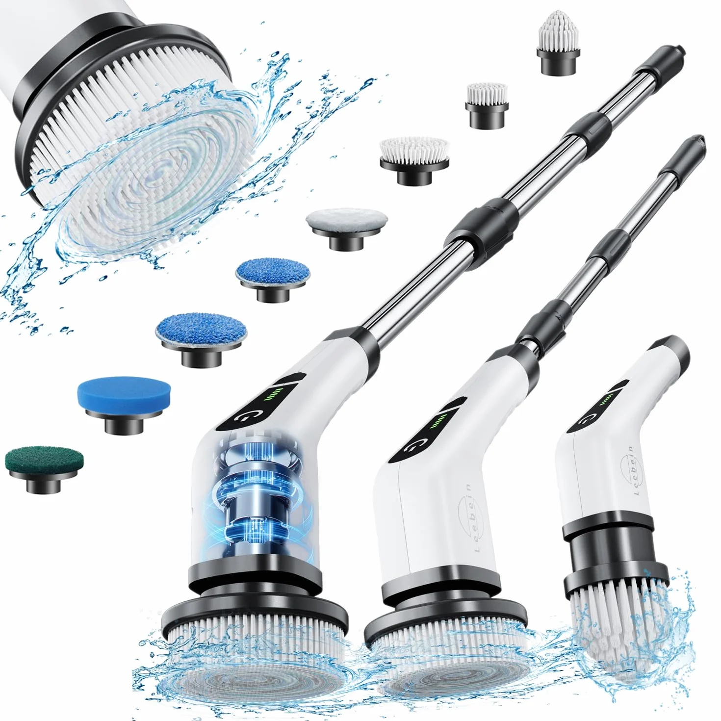 Leebein Elektrische Reinigungsbürste,Electric Spin Scrubber schnurlos mit 8 austauschbaren Bohrbürstenköpfen, Wanne und Bodenfliese mopSet mit 137cm verstellbarem Griff für Bad Küche Auto Fußboden