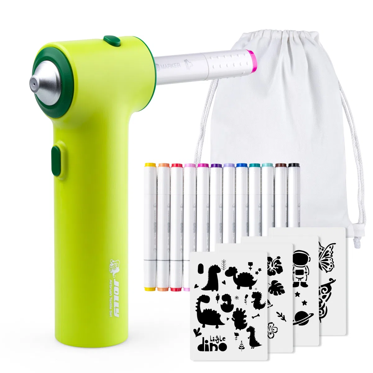 JOLLY Airbrush Textil Set, inkl. 12 Textilmarker mit Doppelspitze, 4 Schablonen und 1 Sportbeutel, leuchtende und satte Farben, nach Fixierung Waschmaschinenfest, Textilfarbe zum sprühen