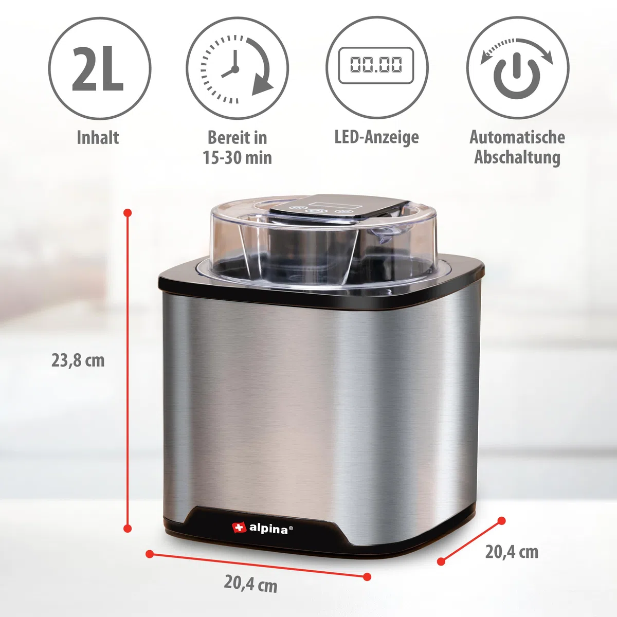 alpina Eismaschine - Softeismaschine für Zuhause - Eiscreme Maschine Geeignet für Eiscreme, Gelato, Gefrorener Joghurt und Sorbet - Inhalt 2L - Automatische Selbstabschaltung - Edelstahl - Silber