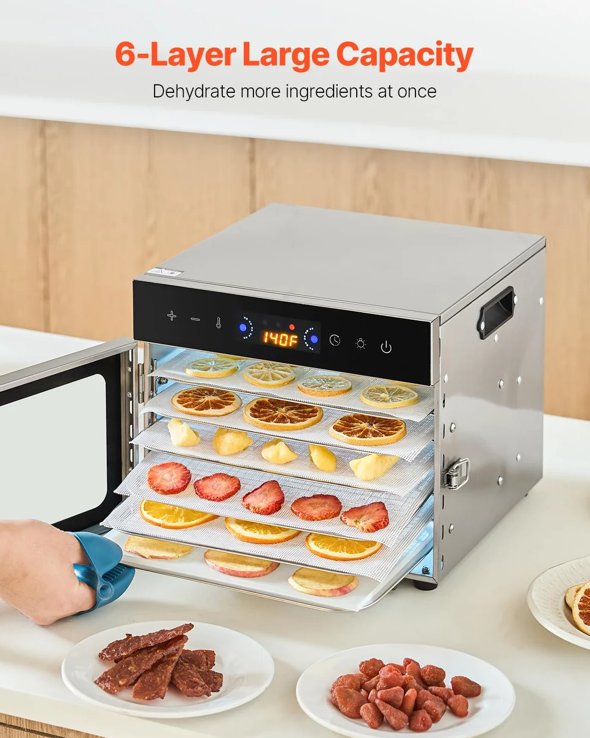 VEVOR Dörrgerät Dörrautomat 6 Edelstahlschalen, elektrischer 400 W Futtertrockner mit einstellbarer Temperatur, Gefriertrockner für Trockenfleisch Fleisch Obst Gemüse Kräuter Hundeleckerlis