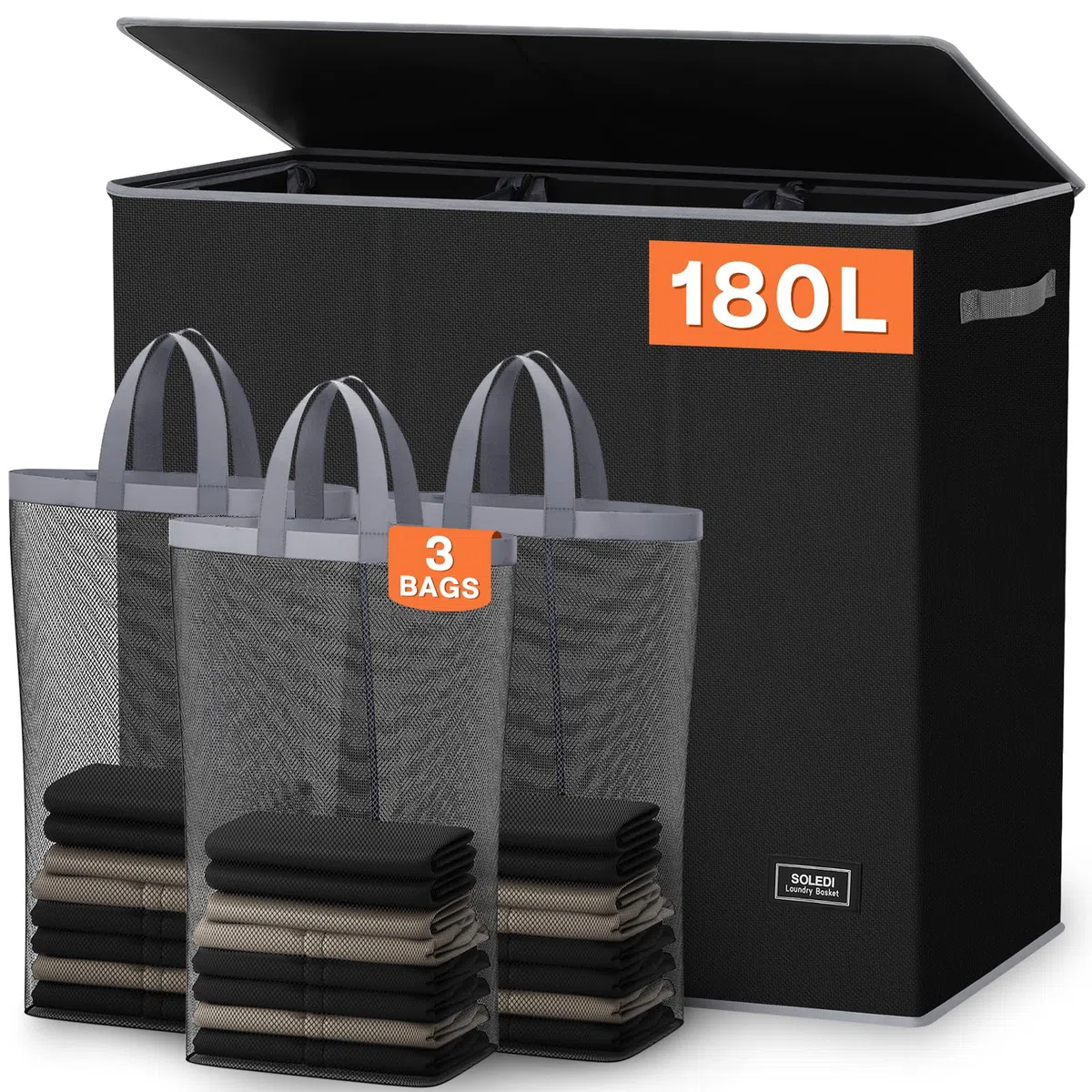 SOLEDI 180L Wäschekorb, Wäschesammler mit Deckel, 3 Fächer und 3 Wäschesack - Großer XXXL Wäschesortierer für Badezimmer, Schlafzimmer, Wäschekammer, Kinderzimmer - 3 x 60L