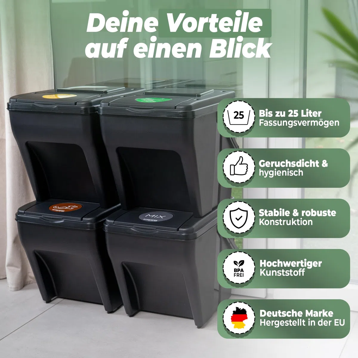 Novaliv Mülltrennsystem Set - 3x 25L Mülleimer Trennsystem - Mülleimer 4 Fächer - Mülltrennsysteme stapelbar - Mülltrennung Recycling Behälter - Abfalltrennsystem - Müll Organizer Müllsortierer