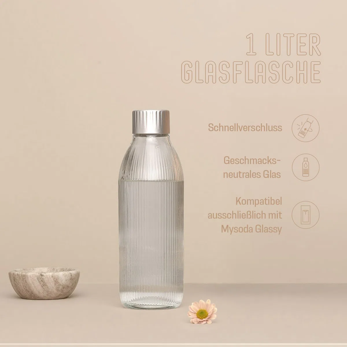Mysoda: Glassy Wassersprudler aus Holzkomposit mit CO2-Zylinder und 1L Glasflasche & BPA-Frei 1L Plastikflasche - Latte
