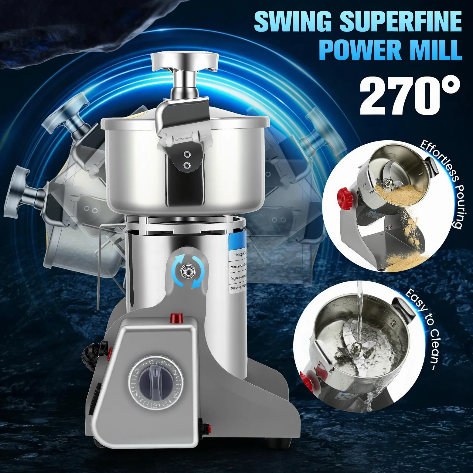 Tragbare Getreidemühle, Elektrische Edelstahl Gewürzmühle, 3500W – 304 Edelstahl, 800g Kapazität, Hochdruck-Spiraldeckel, Überlastschutz – zum Mahlen von Kräutern, Gewürzen, Nüssen & Getreide (220V)