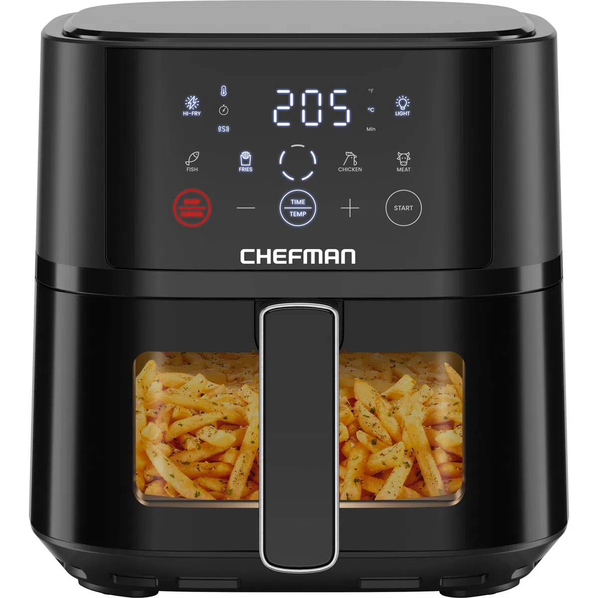 Chefman Heißluftfritteuse 3,75L mit Hi-Fry-Technologie, Sichtfenster | Kompakt, Touch Controls, antihaftbeschichtet, spülmaschinenfest, Schwarz