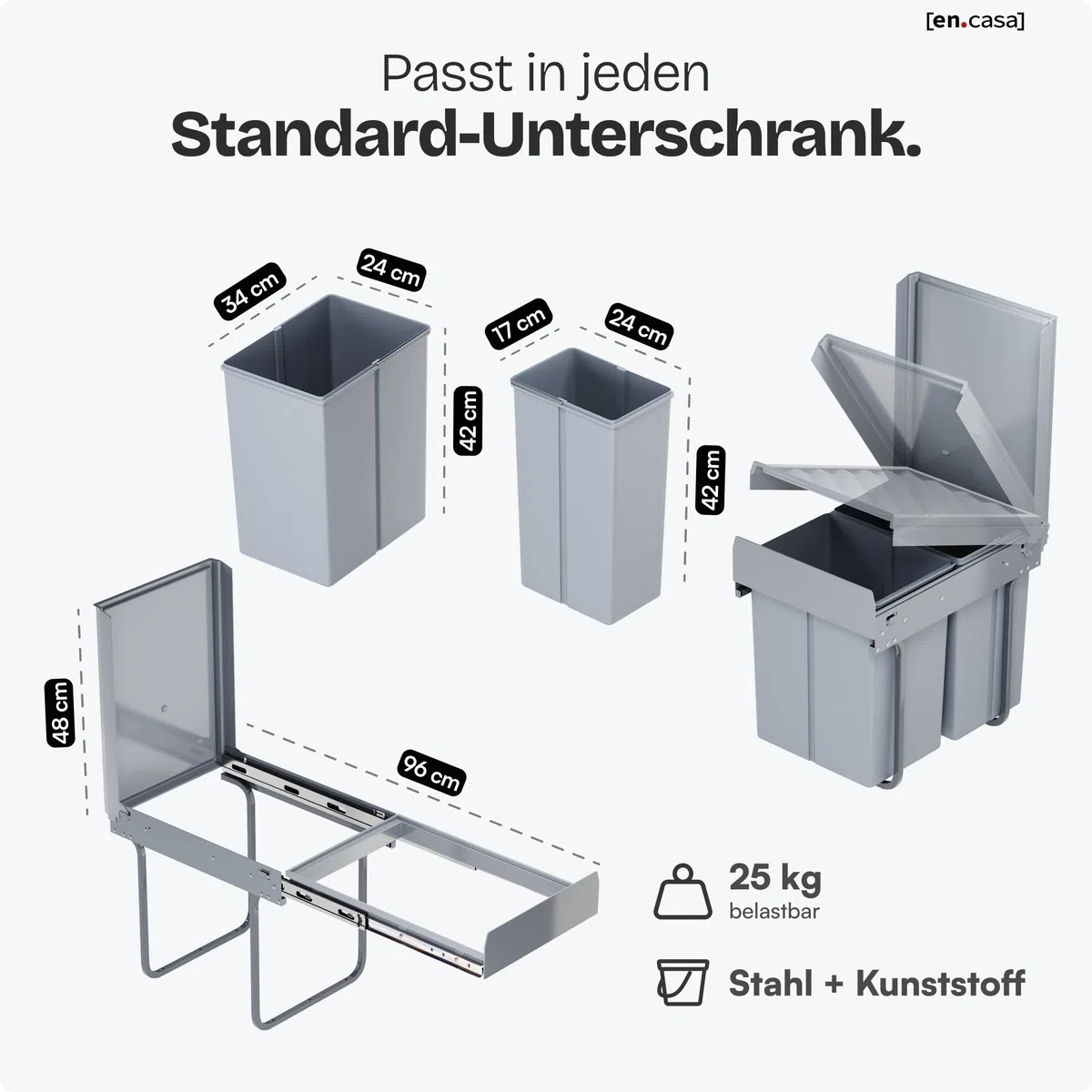 [en.casa] Einbaumülleimer Froland Mülleimer 3 Fächer Mülltrennsystem ausziehbar Abfalleimer Küche 2x10L+1x20L herausnehmbare Behälter 48 x 34 x 42 cm Küchenmülleimer Grau