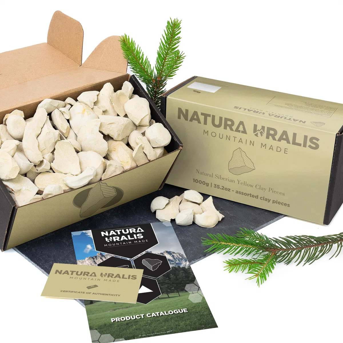 Natura Uralis Sibirischer Gelber Ton | 1000g Natürlicher Gelber Ton, Pastell- bis Goldgelb - Erstaunliches Knirschen, Befriedigend Erdige, Samtige Und Feste Textur, ASMR-Erlebnis