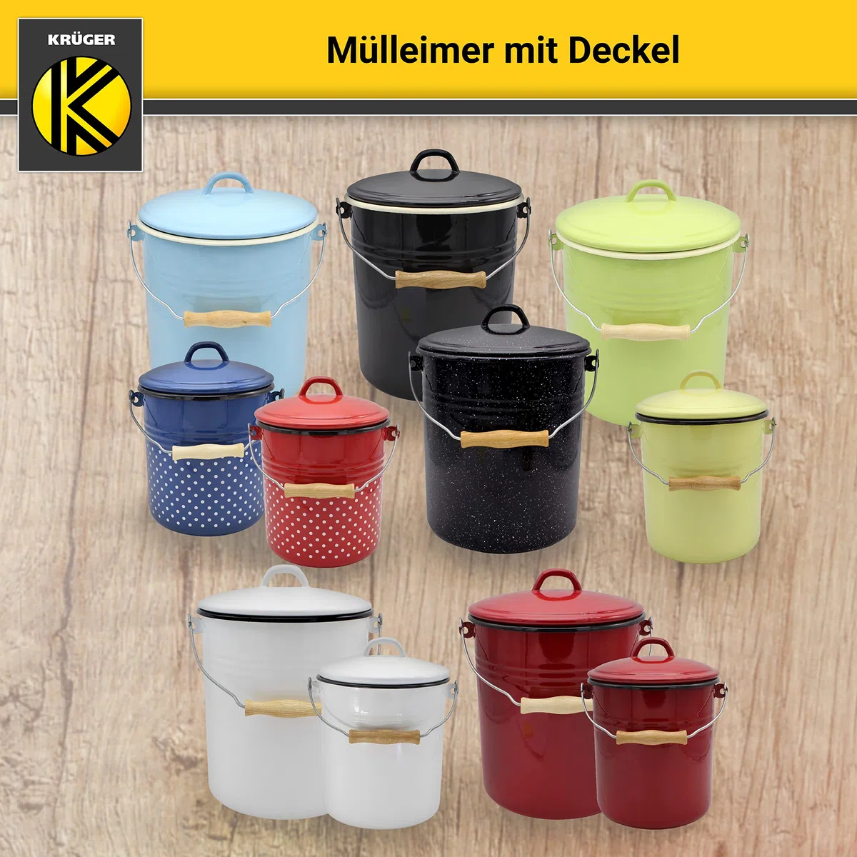 KRÜGER Mülleimer mit Deckel - Stahl Abfalleimer mit Emaille-Beschichtung und Holzgriff - schnitt- und kratzfeste Oberfläche - langlebig und vielseitig einsetzbar (3 Liter, weiß)
