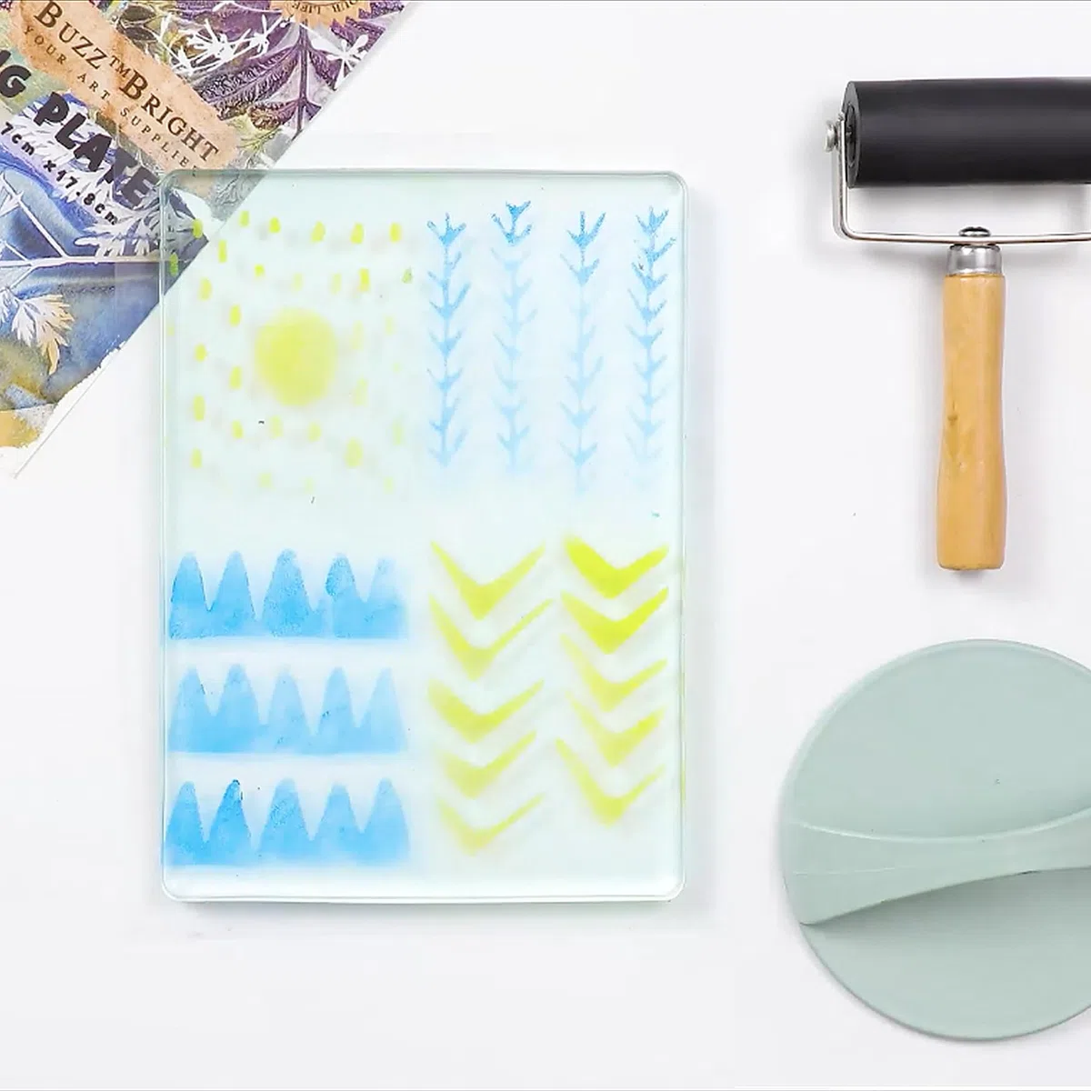 BuzzBright Gel-Druckplatten-Set, komplettes Druckherstellungs-Set mit 12,7 x 17,8 cm Gelatineteller, Brayer, Druckpapier, Acrylfarbe und unverzichtbaren Werkzeugen für Kunstwerke mit gemischten Medien