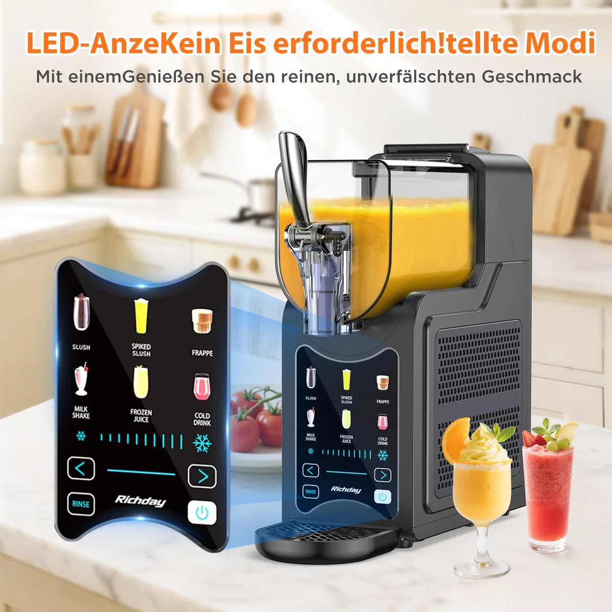 Richday Slush Eis Maschine, 2L Kapazität, LED Display, WhisperChill Technologie, 6 Programme, für Milchshakes, Frappés, Margaritas, Softeismaschine
