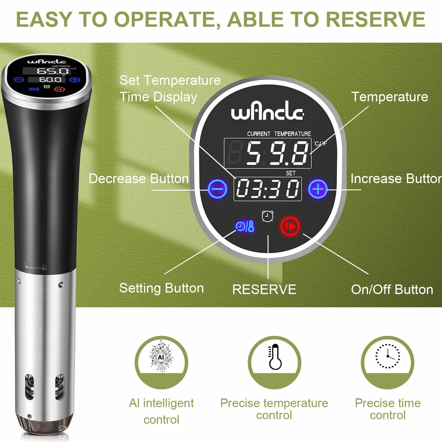 Sous Vide, Wancle Sous Vide Garer Stick 1100W IPX7 Wasserdicht Präzisionskochtopf Immersion Zirkulator Mit Reservierungsfunktion, einfach zu speichern